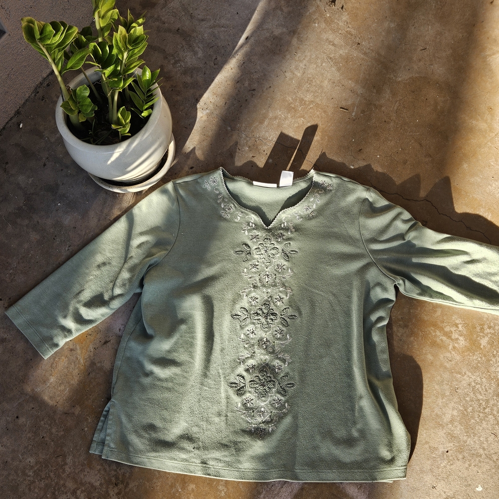 Alfred Dunner Green Embroidered Sweatshirt